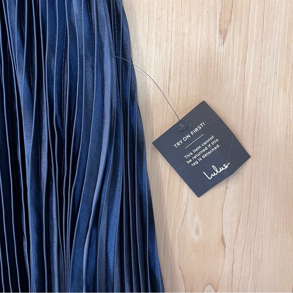 Lulu's Navy Satin Pleated Maxi Dress with Lace-Up Back - Picture 8 of 13